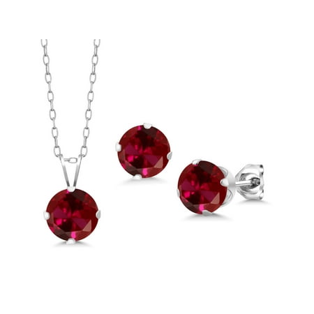 - 4.65 Ct Round 7mm Red Created Ruby 925 Sterling Silver Stud Pendant Earrings Set