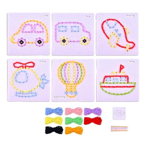Vogacara Kit de costura de regalo de cumpleaños, 6 uds., para el desarrollo de habilidades motoras finas en tablero de hilo para niños Juguetes de construcción transporte