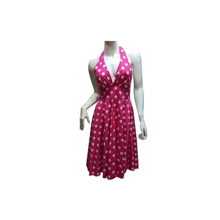 Women's Petite Marilyn Monroe Big Polka Dots Halter Dress w/ Padding, Pink (L) W70
