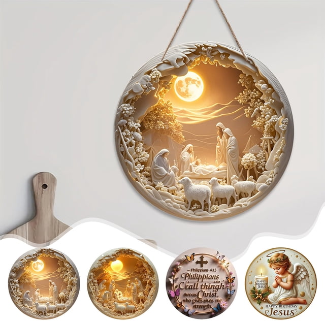 Nacimiento de Madera Redondo para Colgar En La Pared | Decoración de Bautizo Blanca | Decoración Religiosa para El Hogar de 20 X 20 Cm | Obra de Arte Tallada a Mano En Madera