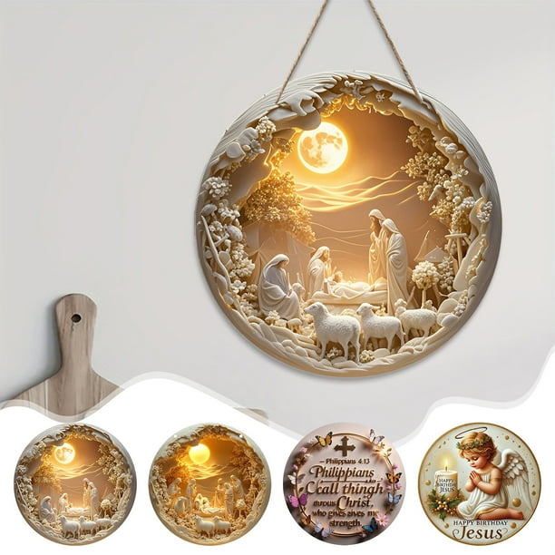 Tapisón de pared redondo de madera para la Nadalería | Decoración religiosa de la Resurrección Blanco 7,87 pulgadas | Regalo de bautismo Madera tallada exquisita, duradera y acento espiritual para