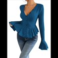 thumbnail image 1 of Camiseta Elegante de Larga con Cuello en V para Mujer, Otoño e Invierno, con Volantes, Corte Entallado y Mangas Acampanadas Azul M, 1 of 9