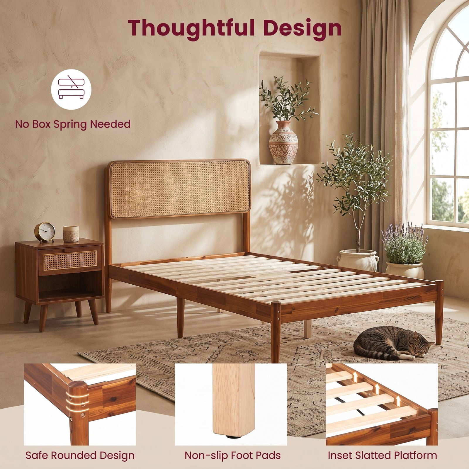 Furnibear Twin Bed Frame with Storage, Boho Rattan Wood Platform Bed with Acacia Wood Slat Support and Woven Headboard, No Box Spring Needed, Brown