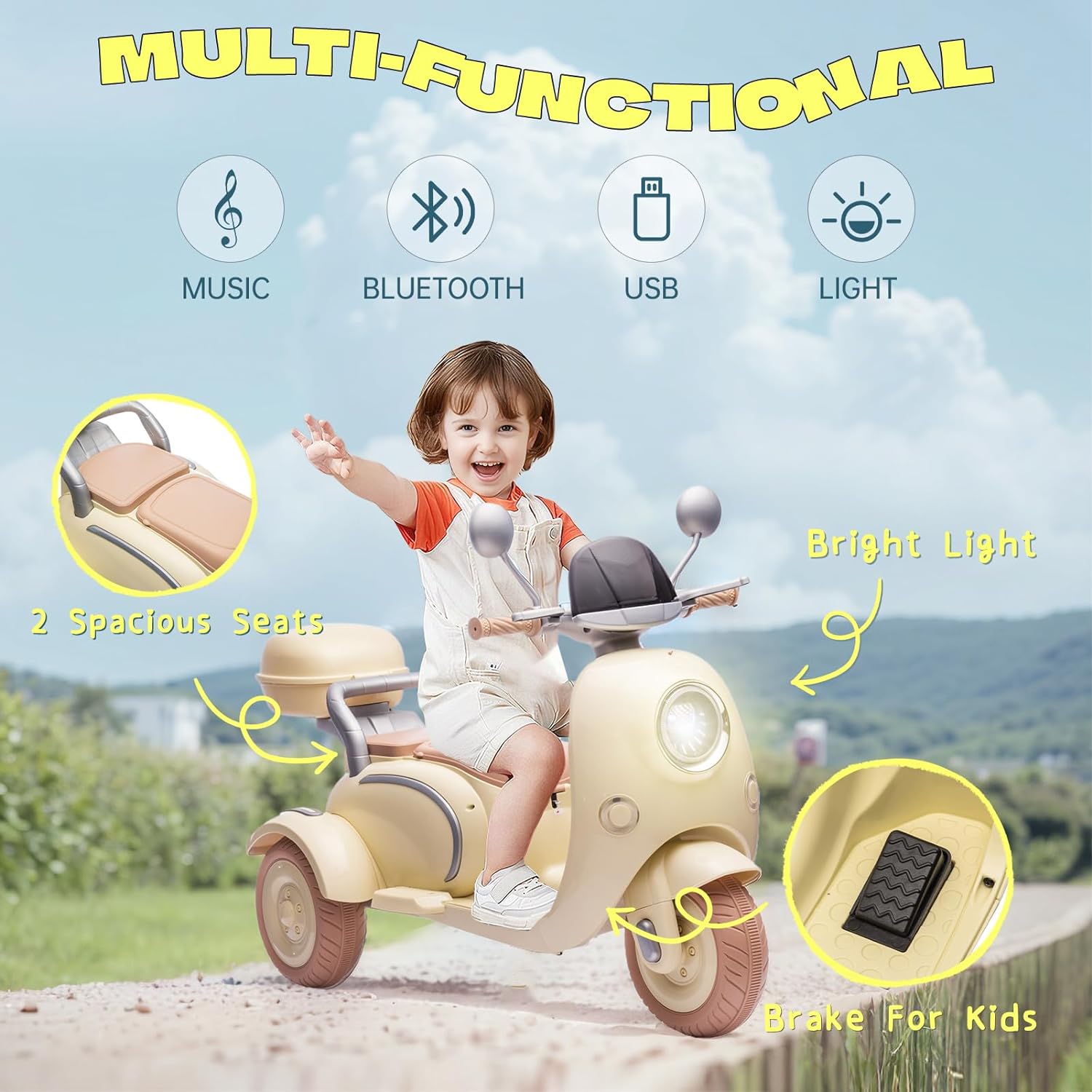 Ambifirner 12V Gift Electric Motorcycle 2-Seater w/Bluetooth, LED Lights & Parent Seat - 3-Wheel Ride-On Toy with Storage Box, Slow Start