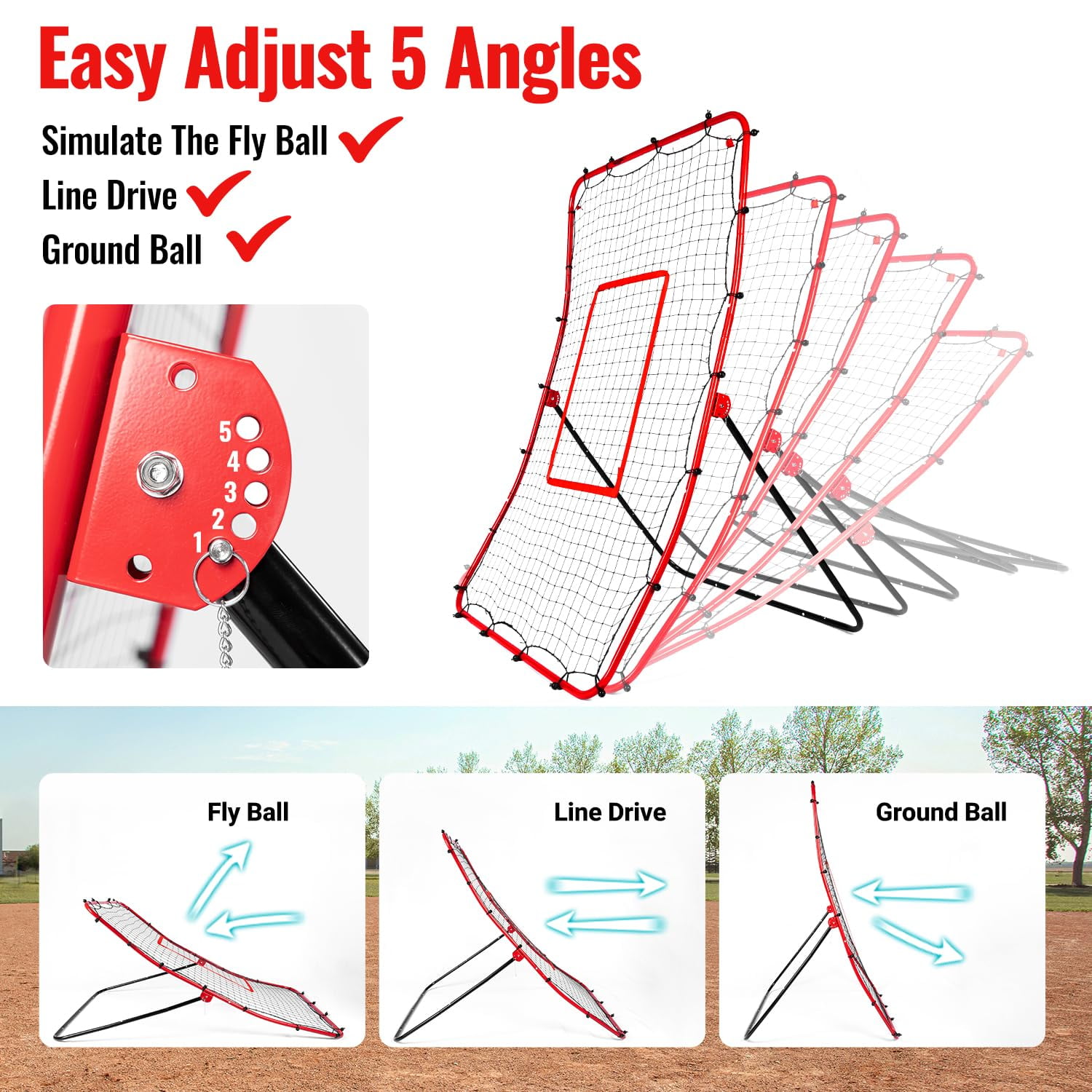 FITPLAY Baseball Rebounder Net + Pitchback Net, 68" x 44" Angle Adjustable Pitch Trainer Simulate , Easy-Fold Design