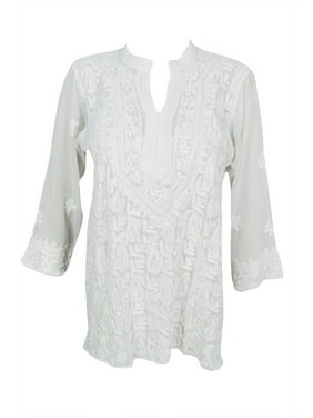 Mogul Women Tunic Dress White Floral Hand Embroidered Summer Style Hippie Chic Blouse