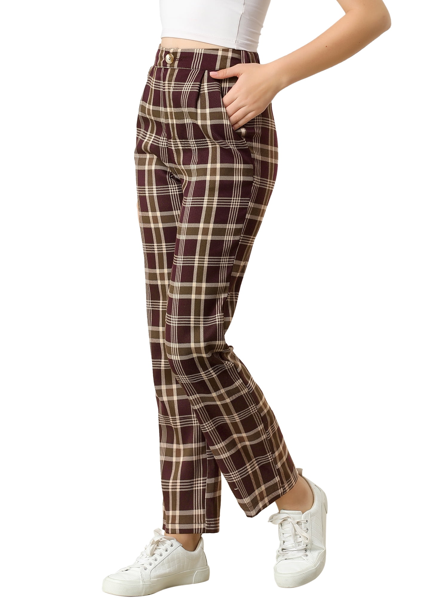 DARING DIVA Women's Plaid Trousers Pockets Straight Leg Casual Pant XL Red Brown