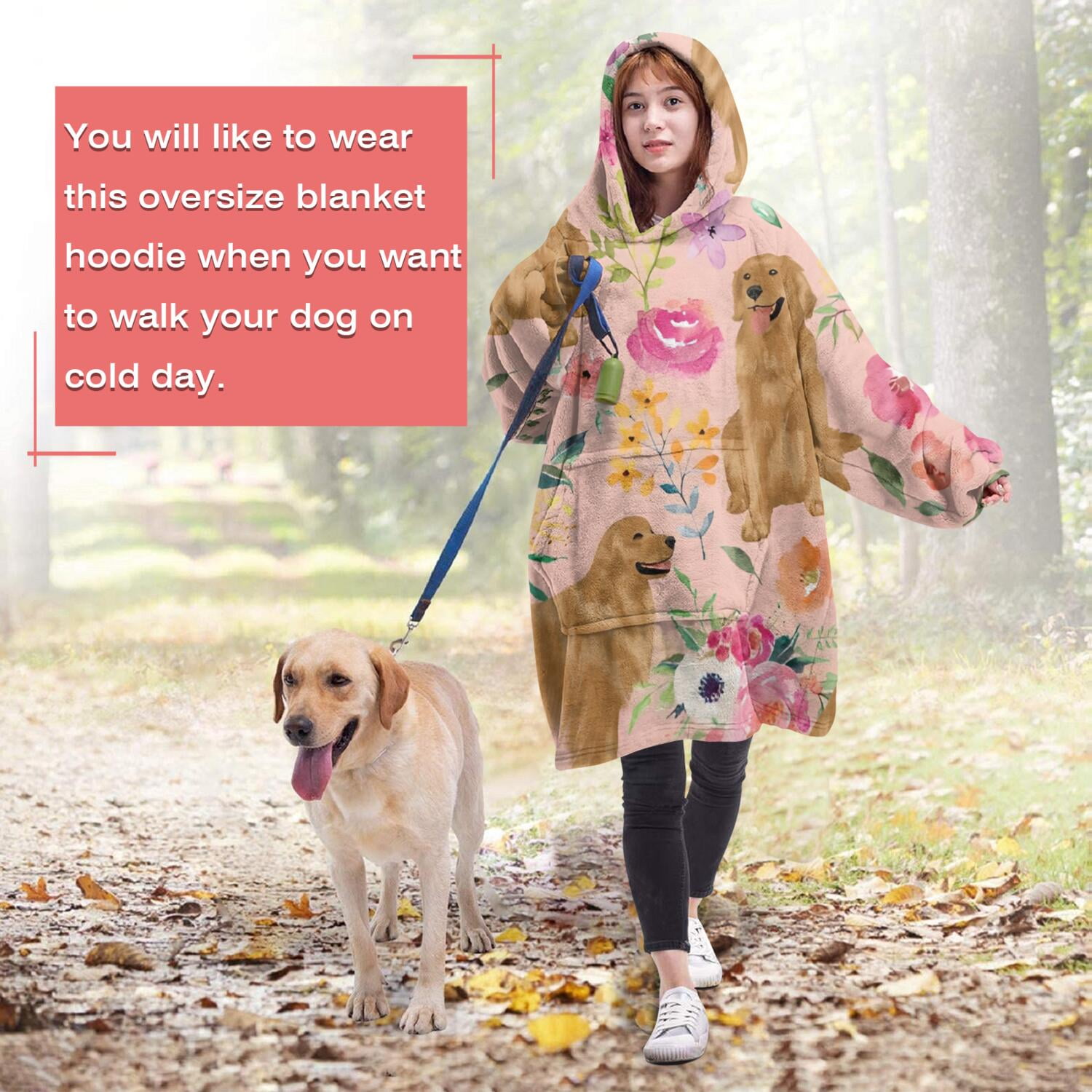Wearable Oversized Blanket,Golden Retriever with Flowers Wearable Blanket Hoodie for Adults,Cozy Hooded Blankets with Super Pockets,Super Warm Fuzzy Pullover for Women & Men