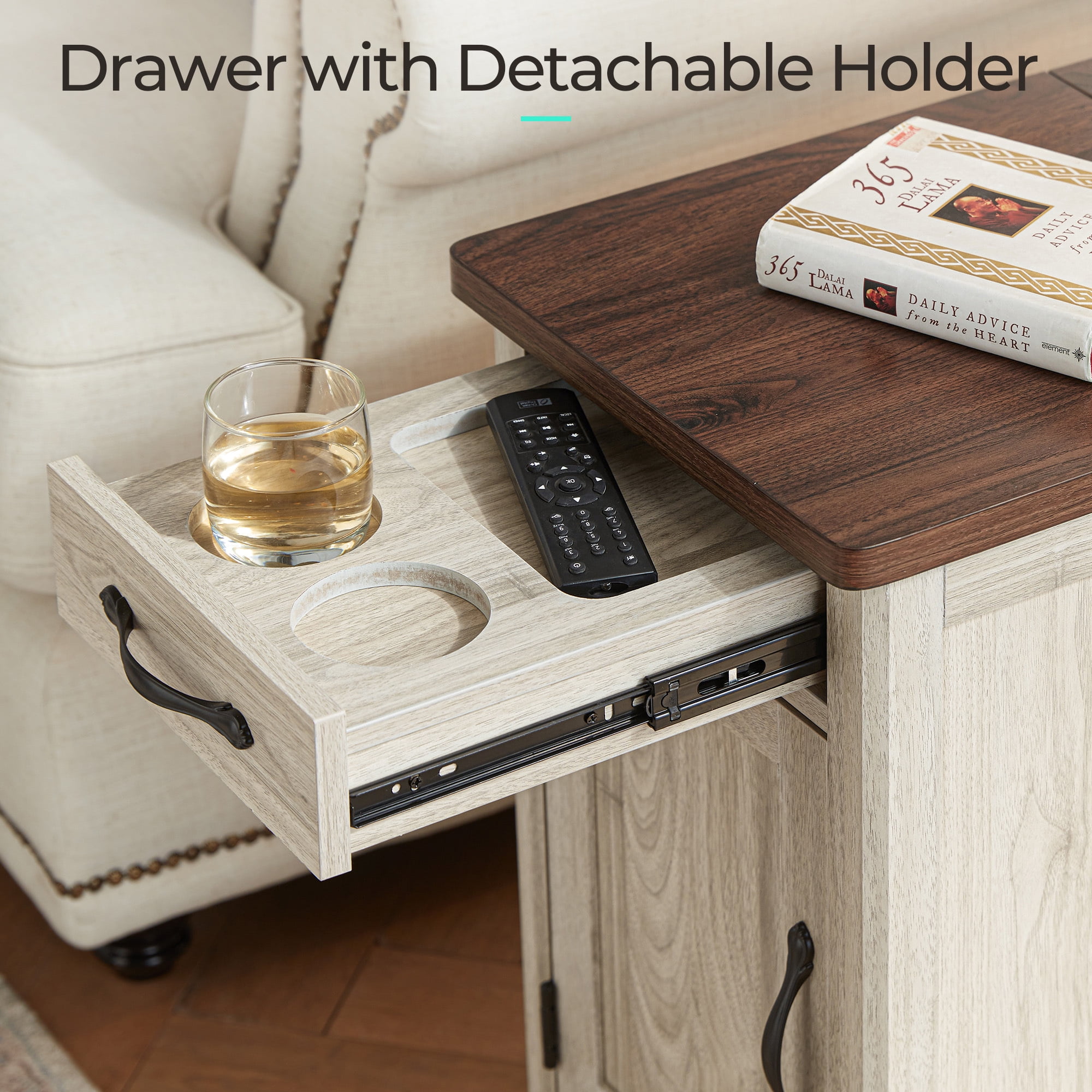 LINSY HOME End Tables for Living Room with Charging Station, Nightstand for Bedroom with Drawer and Detachable Holder,Washed Grey & Brown