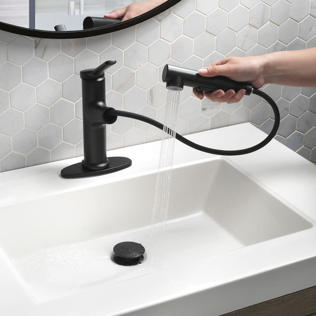 Better Homes and Gardens Pull-Out Bathroom Sink Faucet with Pop-up Drain and Optional Deckplate, Matte Black
