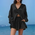thumbnail image 3 of Conjunto de camisa de manga larga lisa y pantalones cortos para mujer: ropa informal de playa, cintura elástica, tallas S-XXL, contorno de pecho 130-146 cm, 3 of 5