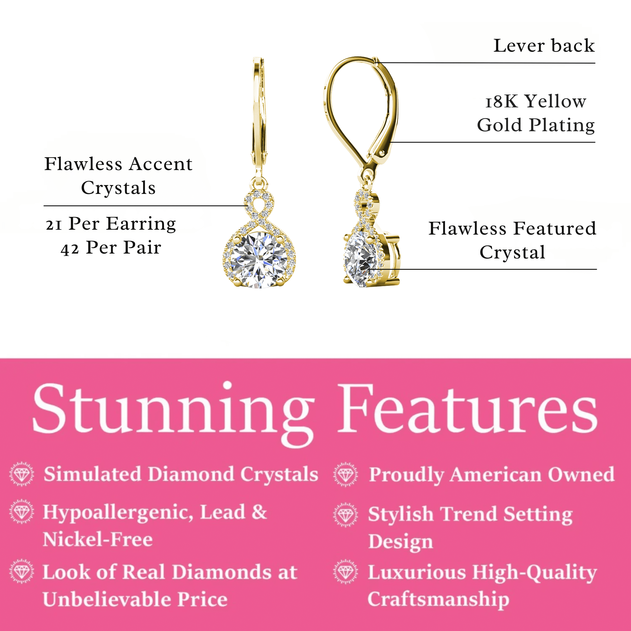 Cate & Chloe Alessandra 18k Yellow Gold Plated Earrings with Simulated Diamond Crystals for Women