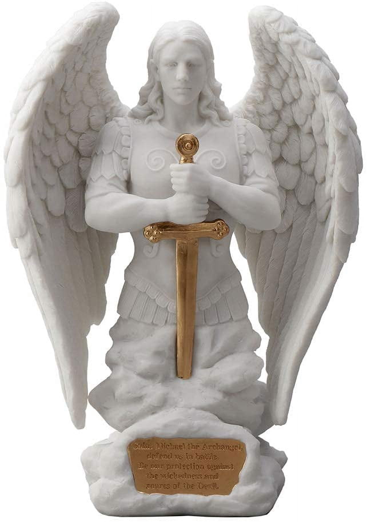 Veronese Design 9.1 Inch Saint Michael Prayer Archangel Monument Marble White Golden Finish Angel Statue