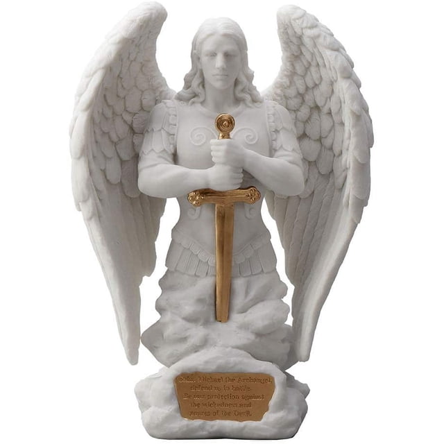Veronese Design 9.1 Pouces Monument Archange de Prière Saint Michel Marbre Finition Blanche Dorée Statue d'Ange