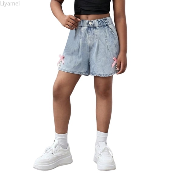 Liyamei Girls Bowknot Denim Shorts with Washable Fabric for Summer Size 8-14,Light Blue