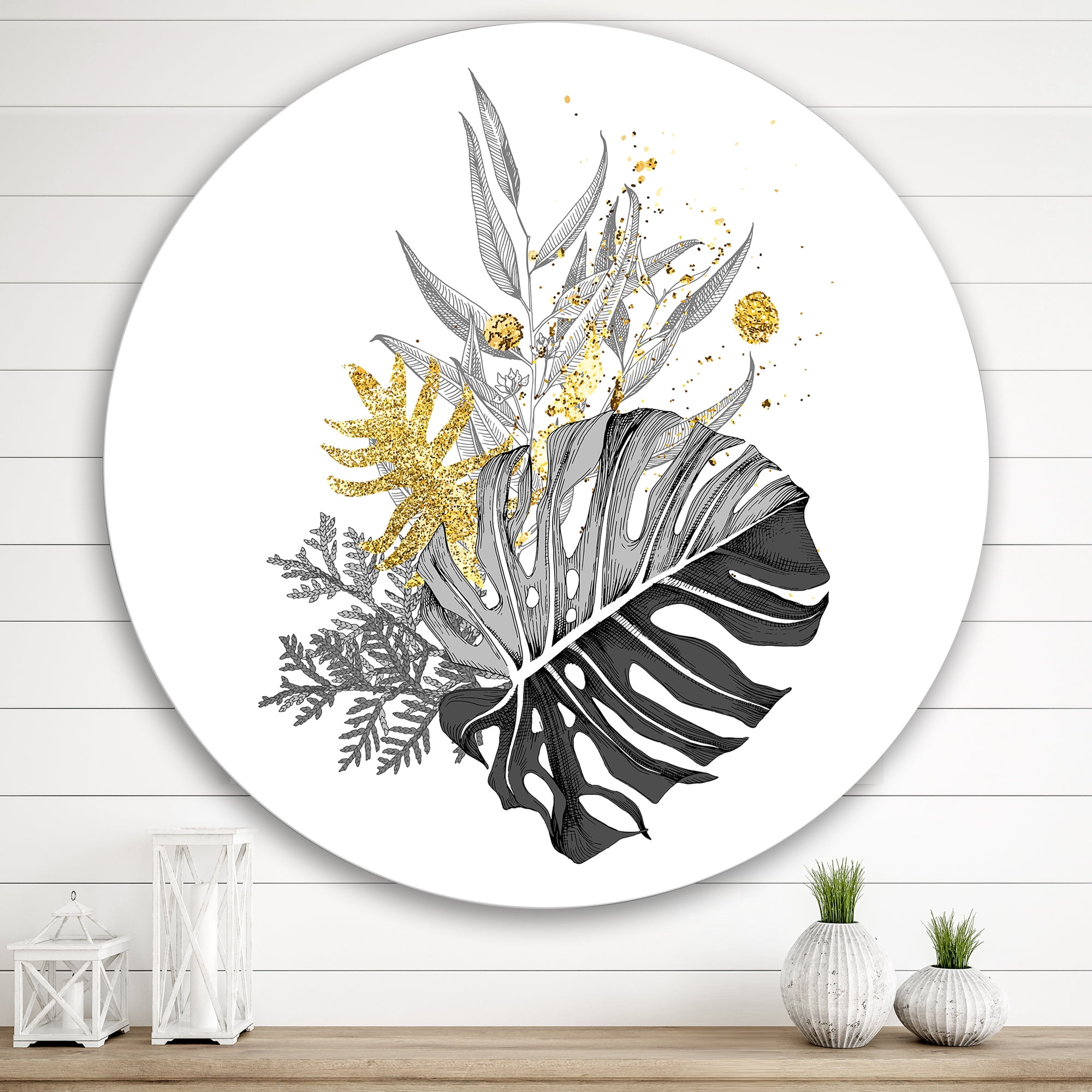 Designart 'Bouquet With Golden Tropical Leaves and Monochrome' Tropical Circle Metal Wall Art 29x29 - Disc of 29