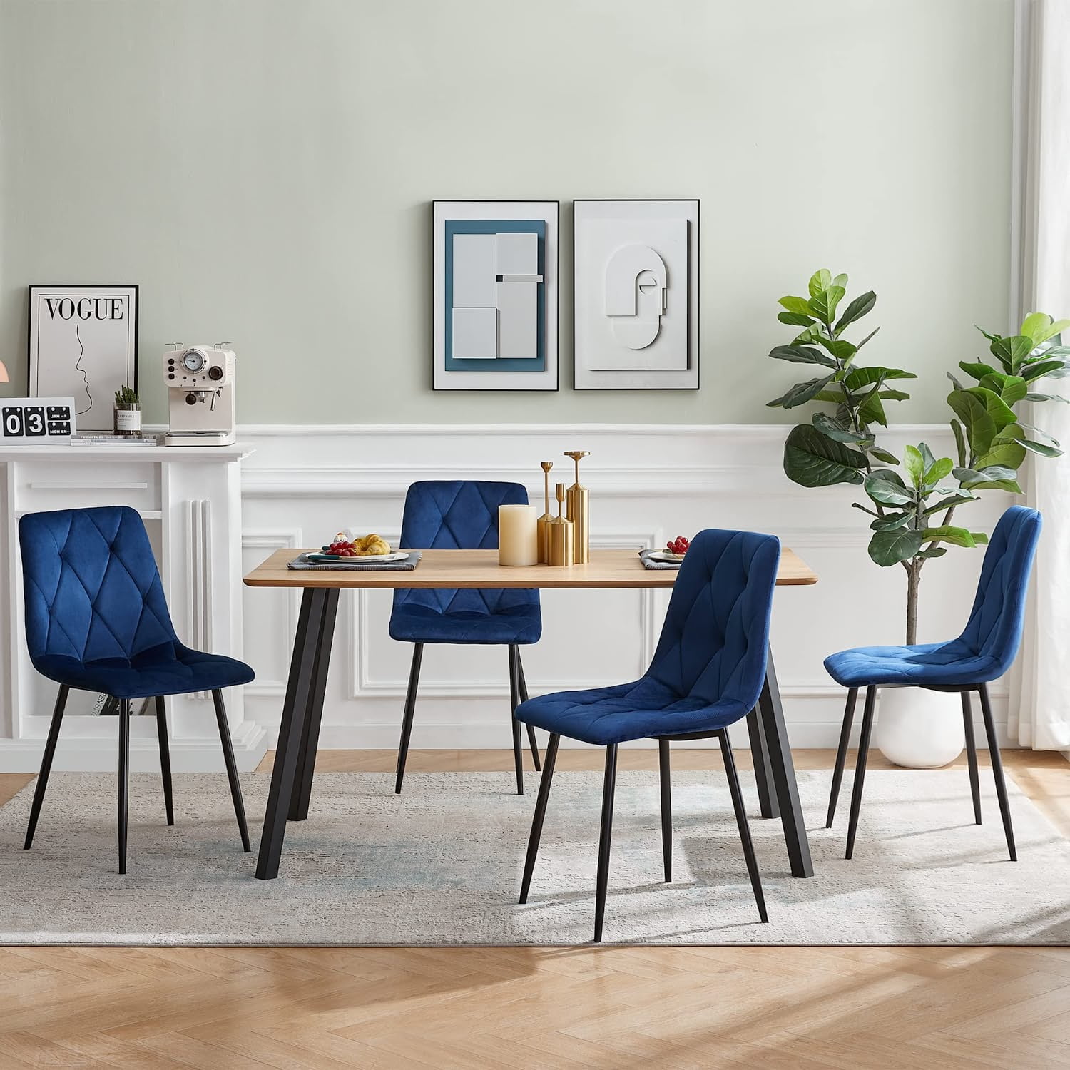 YEAG Velvet Dining Chair,Armless Modern Side Chair,Set of 4,Blue