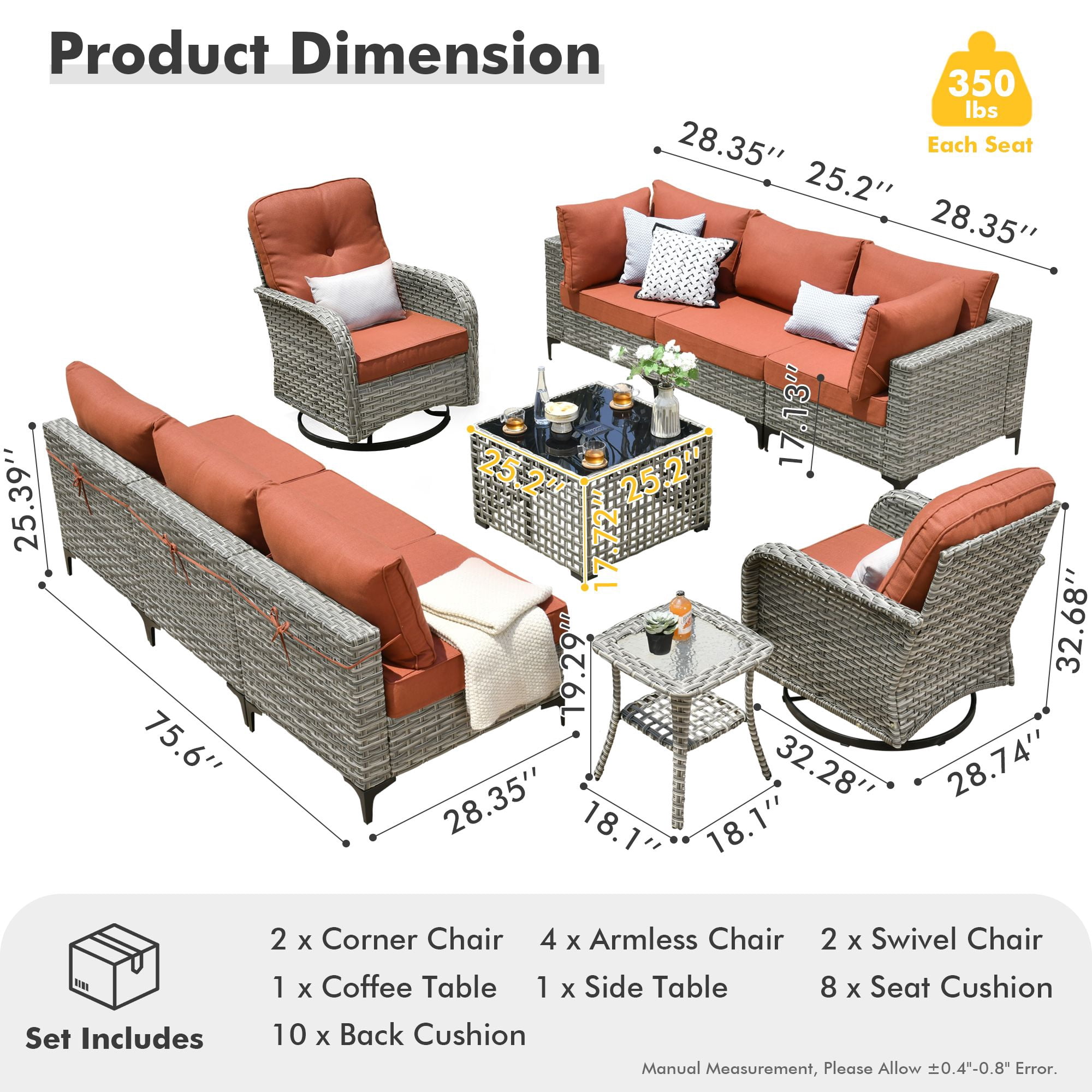XIZZI 10 Pieces Wicker Patio Furniture with Swivel Rocking Chair Rattan Outdoor Conversation Set Modular Patio Sectional Sofa with Coffee Table for Balcony, Porch, Backyard, Coarse Orange Red