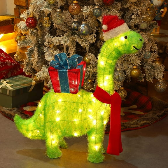 Lighted Christmas Green Dinosaur Decorations, 27 Inch Pre-Lit 3D Brachiosaurus with Gift Box, Outdoor Yard Xmas Holiday Garden Lawn Display