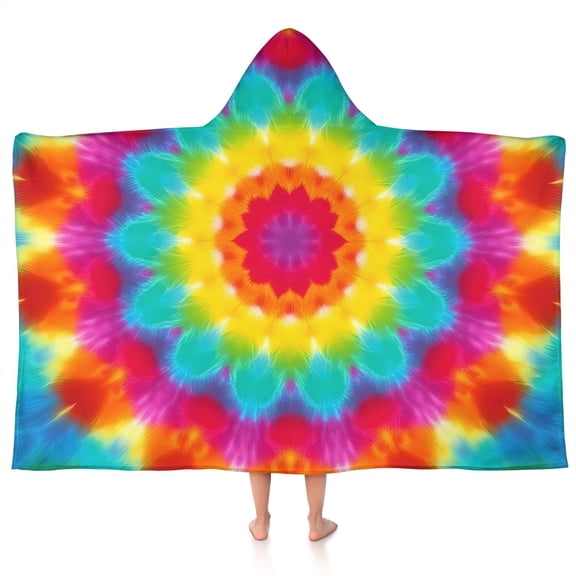 Colorful Tie Dye Mandala Pattern Hooded Bath Towel,50"x30" for Ages 3 To 12 Kids, Quick Dry Lightweight Soft Microfiber Hood Beach Towel Cover Up for Kids