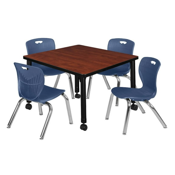 Regency 30 Square Mobile Classroom Table- Cherry & 4 Andy 12 Stack Chairs- Blue