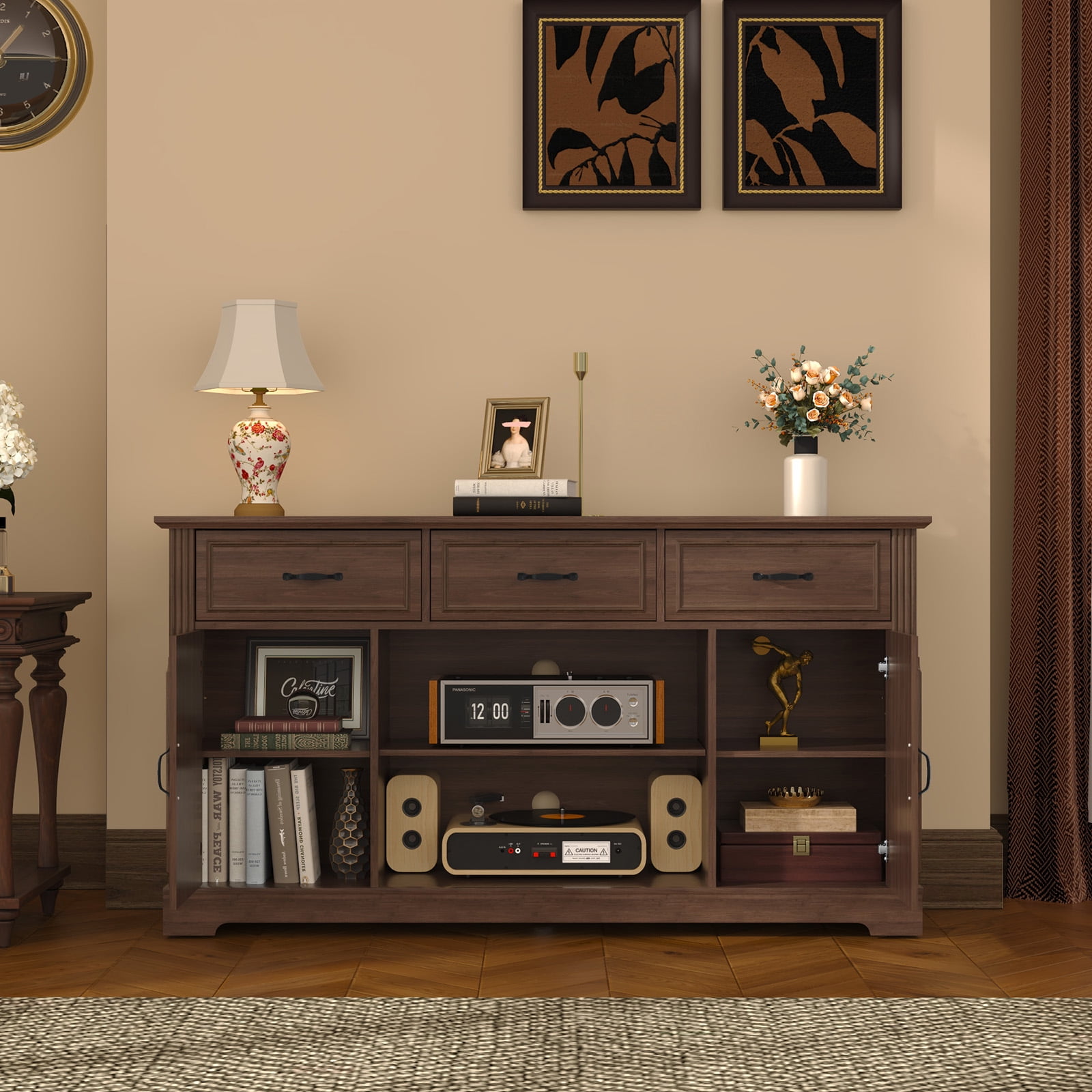 CBJCBJ 60.23"  Farmhouse TV Console ,  33"  Tall Entertainment Center | Up to 65"  & Larger TVs | Adjustable Shelf  | 3 Drawers & Sliding Barn Doors(BROWN)