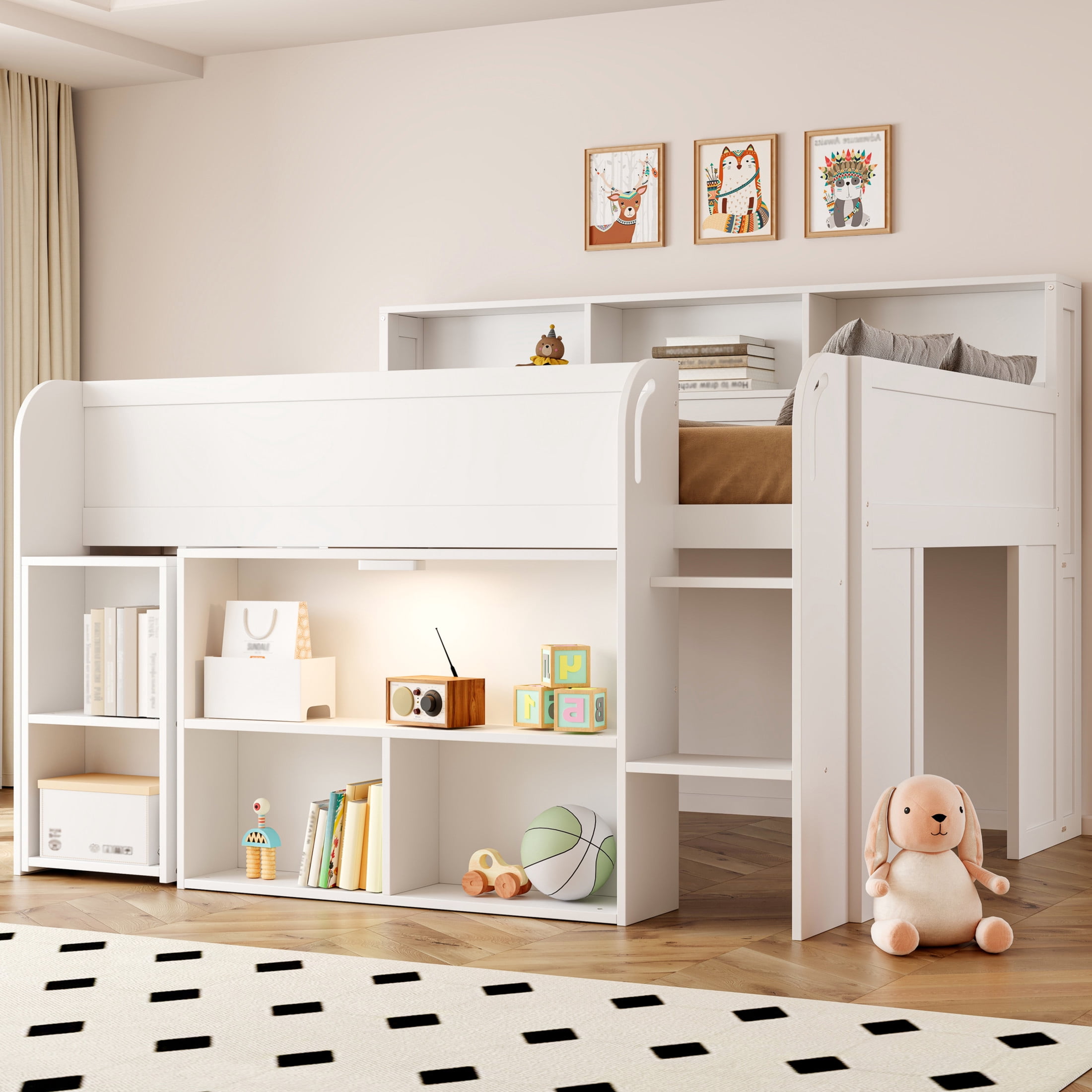 Noble House Nerwin Full Size Solid Wood Loft Bed with Built-in Desk, Storage Shelves and LED Lighting, White
