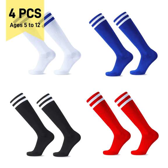 SPOKKI 4 Pairs of Kids Long Football Socks – Breathable Non-Slip Sports Socks for 5-12 Years Old Children Running Field Hockey Football Rugby Training – 4 Colors