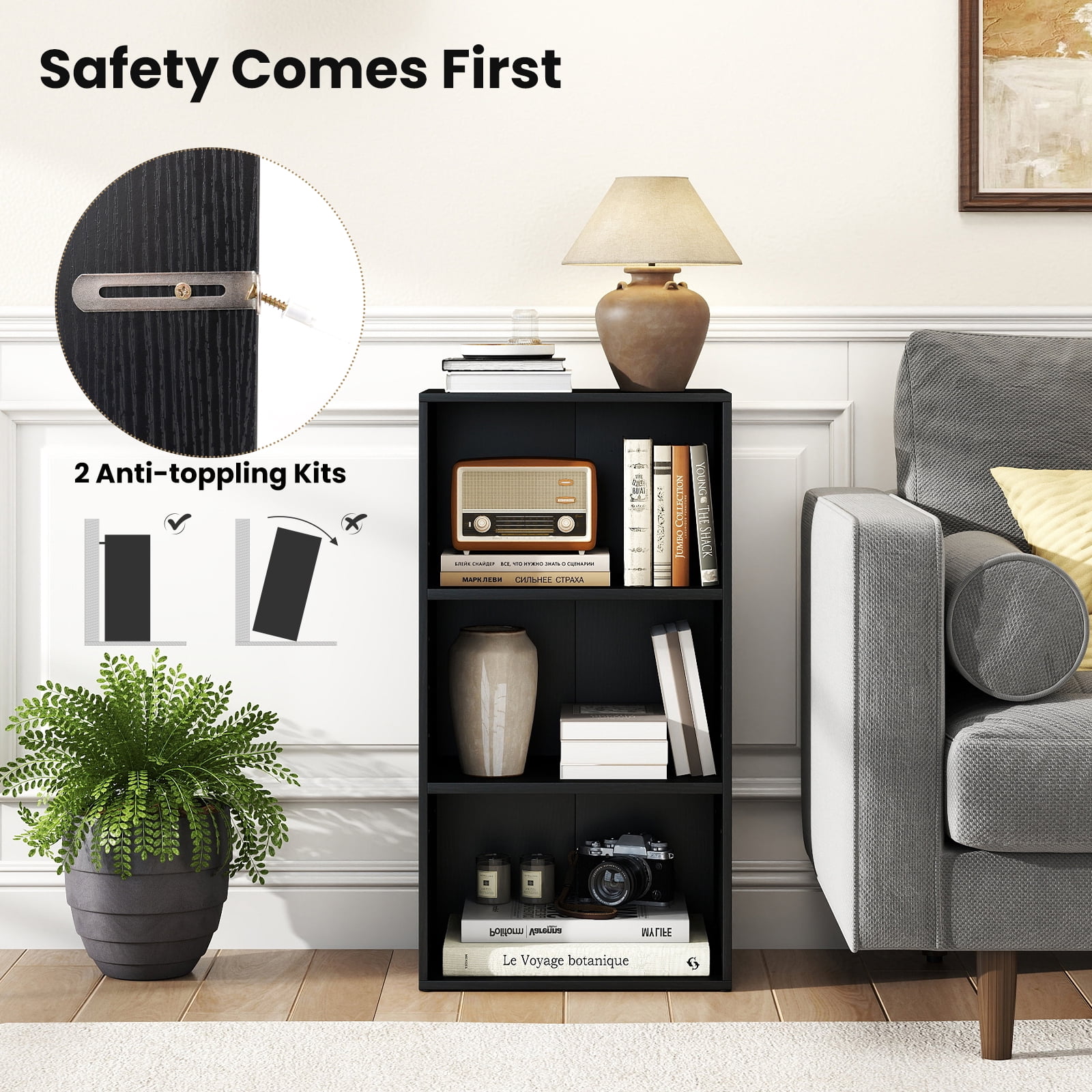 Giantex 3-Cube Bookcase, Floor Standing Open Bookshelf w/7-Position Adjustable Shelves, Modern Display Shelf, Black