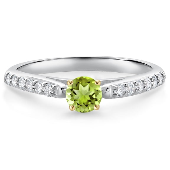 Gem Stone King 0.48 Ct Green Peridot G/H Lab Grown Diamond 10K White and Yellow Gold Engagement Ring (Size 8)