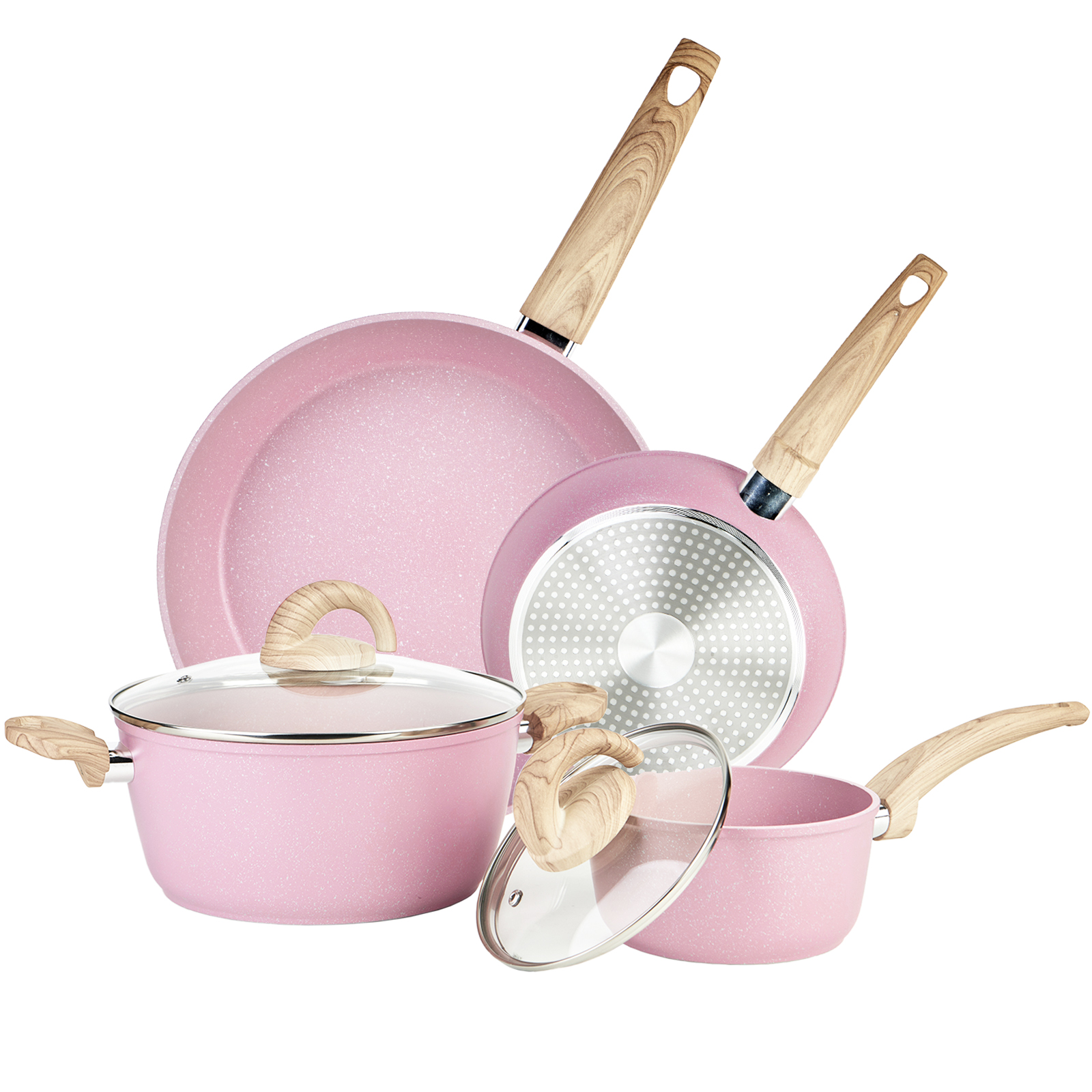 Vkoocy Nonstick Pots and Pans Set, 6 Pcs Pink Granite Induction Kitchen