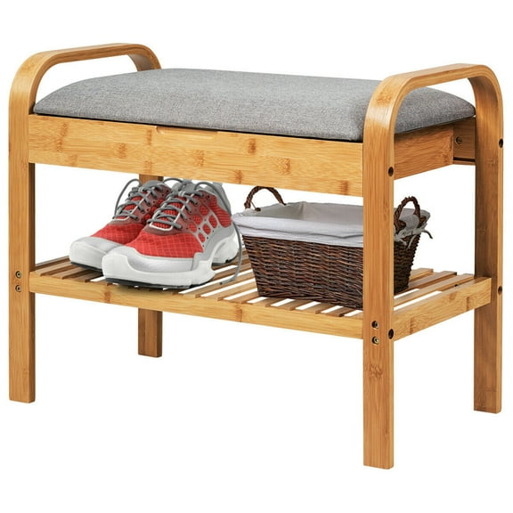 Gymax 1-Tier Cushioned Seat and Shoe Storage Bench, Bamboo, Linen and Wood, Brown and Gray