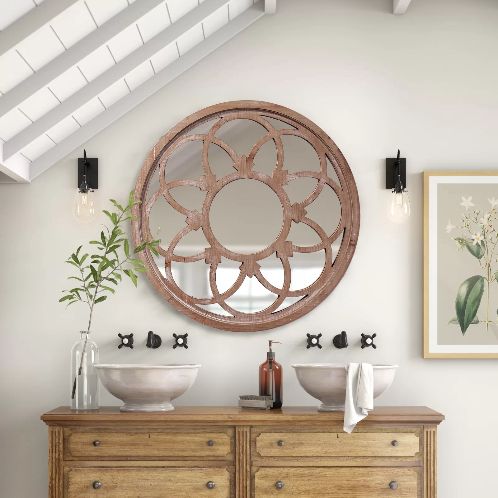 Sintosin Farmhouse Round French Window Mirrors for Wall Decor 24", Hanging Distressed Rustic Wooden Framed Window Mirror, Decorative Country Decor for Living Room Entryway Hallway