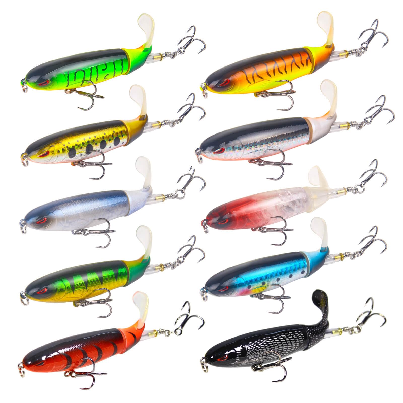 10-Pack Topwater Popper Fishing Lures Floating Baits with Rotating Tail and Sharp Treble Hooks for Freshwater and Saltwater Bass Fishing Multi-Color
