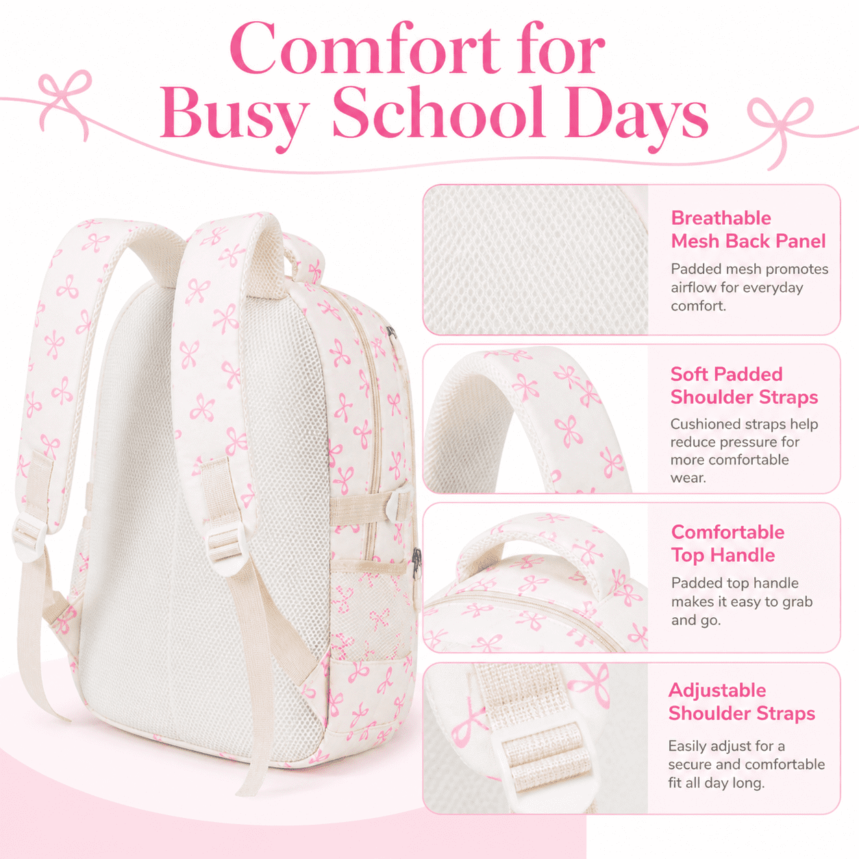 Soda Candy Girls Backpack Set 3pcs Coquette Bow School Bookbag for Kids Cute Kawaii Printed Book Bag with Lunch Bag Pencil Pouch
