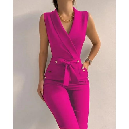 Women s Sleeveless Jumpsuit Solid Color Overall Bodysuit Clothing Office V-neck Lace-up Jumpsuits High Waist Belt Pants