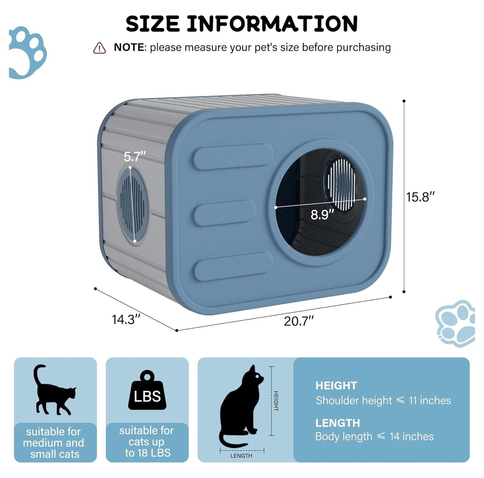 Weatherproof Cat House Outdoor Indoor, Plastic Cat Shelter Camera Design - Blue