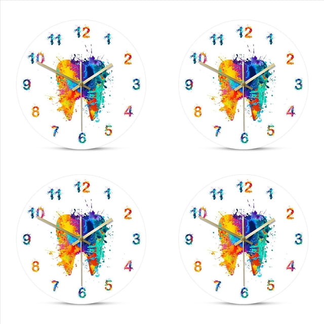 4X Acuarela Pintura de Dientes ImpresióN Reloj de Pared ClíNica Dental Arte de Pared No Tictac Reloj de Pared Ortodoncista Dentista