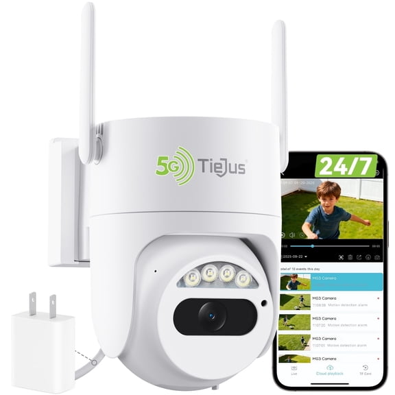 TIEJUS 2K Wired Outdoor Security Camera with Spotlight, Waterproof, PIR Detection, 2.4G/5G Wi-Fi, 360° PTZ, 24/7 Recording Home Surveillance Camera, White