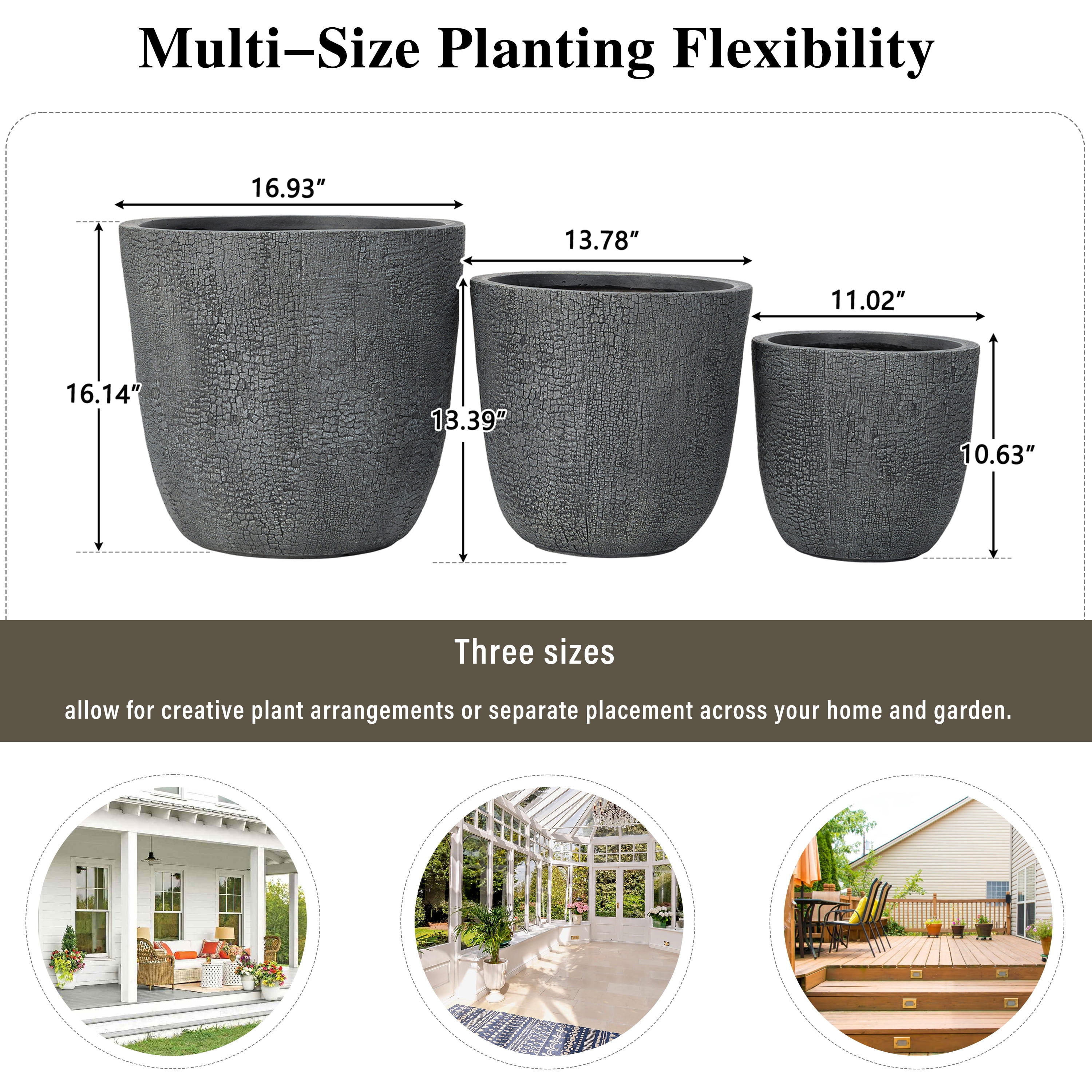 Euroco Large Concrete Planter Set of 3, 16.93"+13.78"+11.02" Dia Round Stackable Flower Pots with Drainage Holes and Rubber Plug,Modern Decorative Pots for Patio Garden Balcony Indoor Outdoor