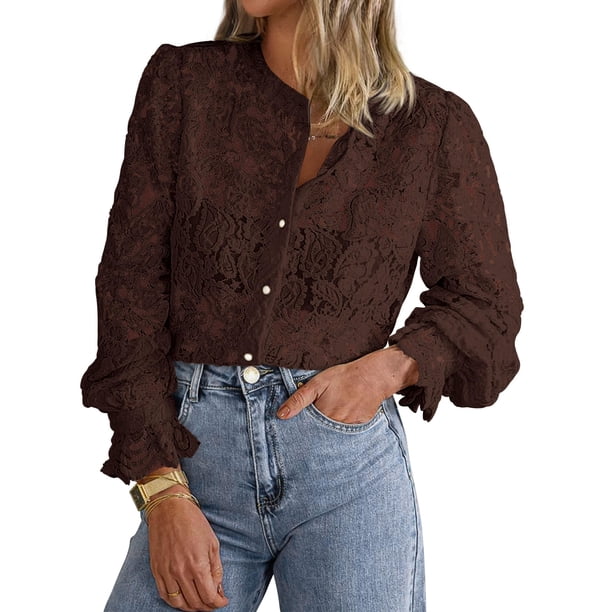 Blusa de Encaje para Mujer PRETTYGARDEN Manga Larga con Botones M