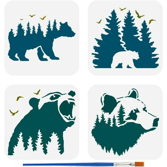 4PCS Bear Forest Stencils for Painting with Brush 5.9x5.9inch Reusable Bear Silhouette Template Hollowed Trees Birds Stencil Plastic PET Animal Theme Template for Wall Floor Decoration White