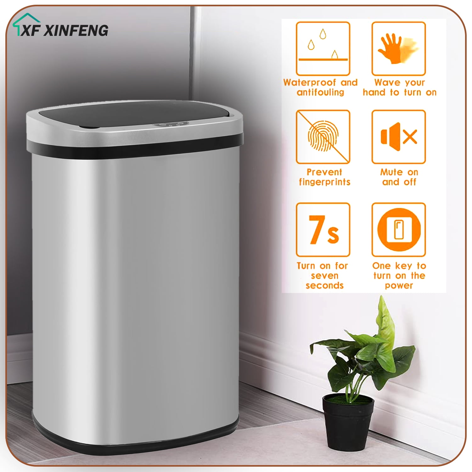 XF XINFENG  13 Gallon Kitchen Trash Can Automatic Touchless Stainless Steel Waste Bin with Silver,Black Lid
