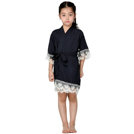 

Mr &Mrs Right Child Cotton Kimono robes Flower girl robes with lace trim-Navy Blue age 6