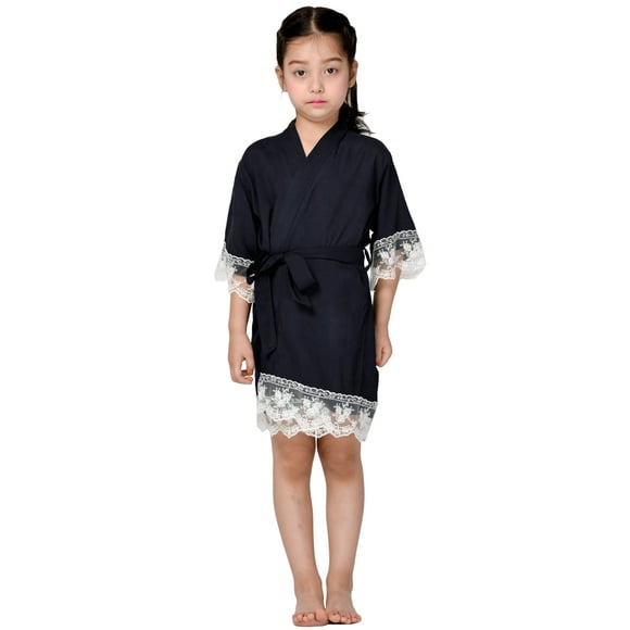 Mr &Mrs Right Kimono en Coton pour Enfant robes de Demoiselle d'Honneur avec Bordure en Dentelle-Bleu Marine Âge 6