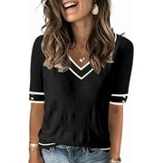 WQD Women's Sweaters V Neck Pullover Long Sleeve Lightweight Knitted Cozy Dressy Casual Ladies Fashion Tops for Spring Fall Winter