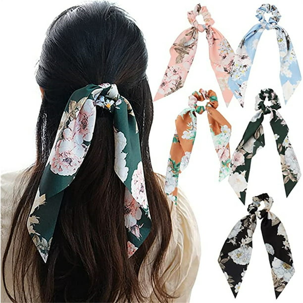 Lollanda 5 Pcs Hair Scarf Scrunchies Ties Scrunchy for Women Girls Satin  Floral Bow Ribbon Scrunchy or Thick Curl Hair No Crease Hair Bands Ponytail  Holder Scrunchie 2 in 1 Vintage Accessories 