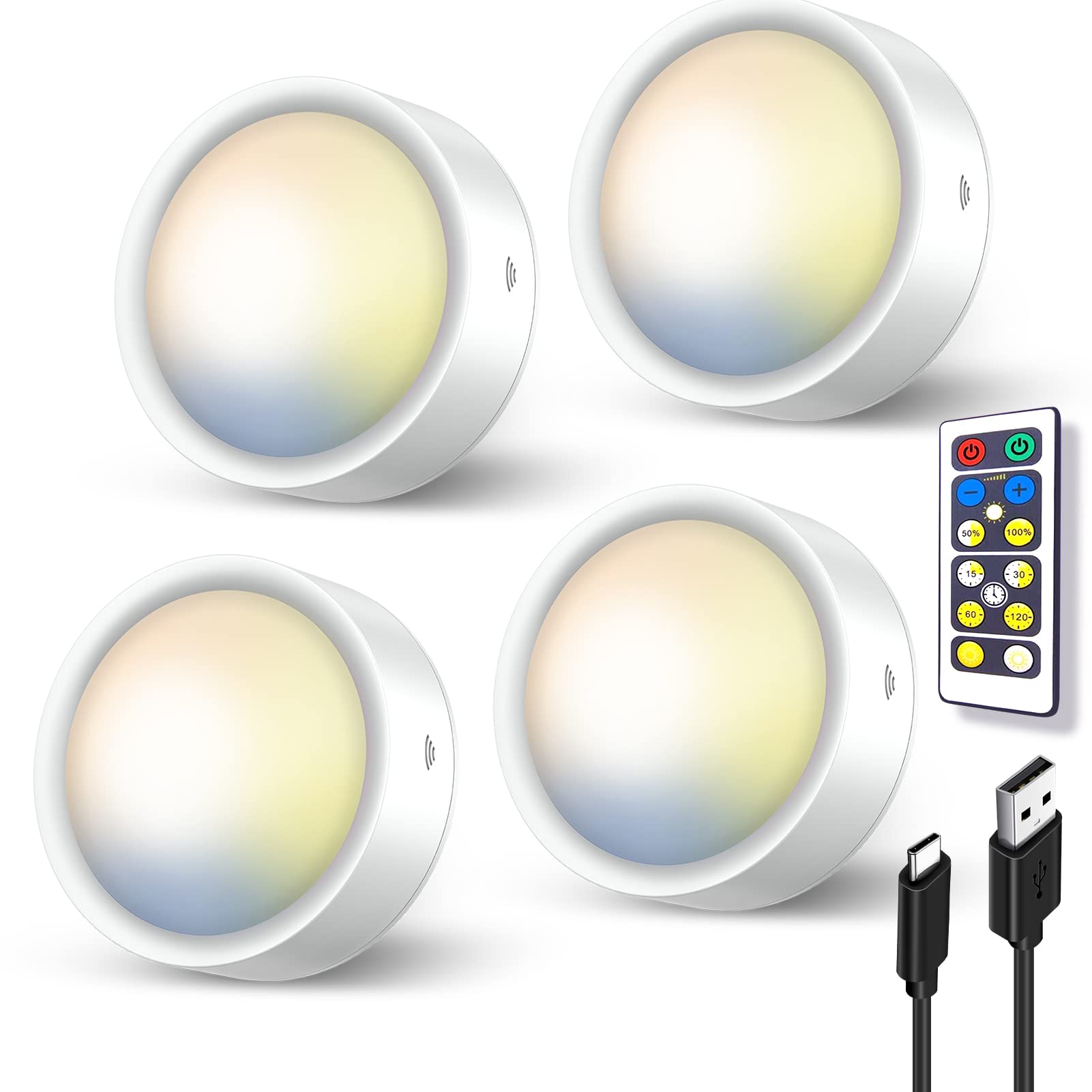 USB Rechargeable LED Puck Lights with Remote, 1000mAh Battery Operated