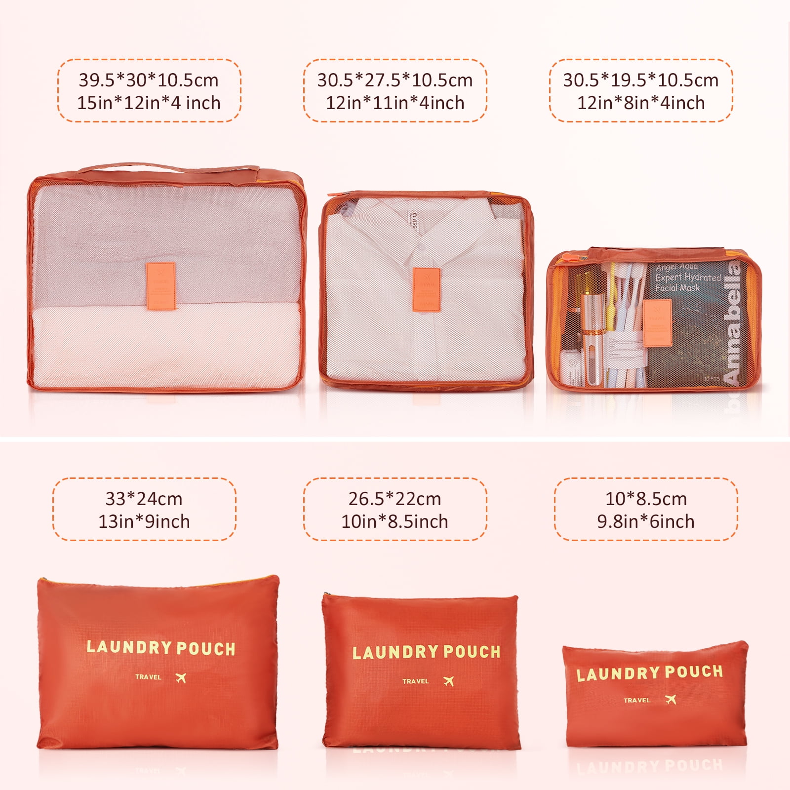 3 Piece Luggage Sets with 6 PC Organize Bags Lightweight Suitcases with Spinner Wheels, Orange