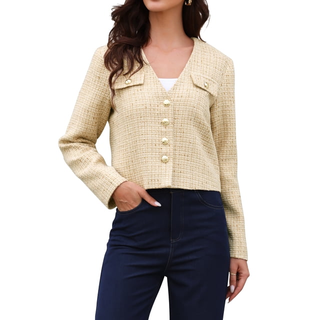 Blazers de Tweed para Mujeres, Manga Larga, Con Botones, Sin Cuello, Elegante, Casual de Negocios, Chaqueta Cortada M, Albaricoque